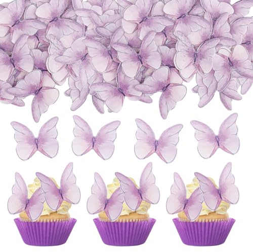 Tortendeko Essbar Schmetterlinge für Torte,48 Stk Essbare Tortendeko Schmetterling,Schmetterlinge Deko Torte Lila,Esspapier Tortendekos Hochzeit,Schmetterling Kuchen Deko Geburtstag,Muffin Deco Essbar
