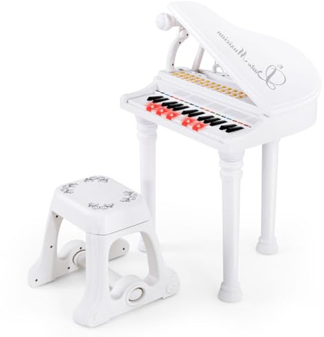 KOMFOTTEU Clavier 31 Touches pour Enfants, Piano pour Enfants avec Microphone, Piano électronique avec Tabouret, Clavier pour Enfants, 8 Effets de Percussion & 4 Styles d'Accompagnement (Blanc)