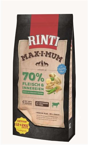 RINTI - Max-i-Mum | Trockenfutter für ausgewachsene Hunde mit 70% Fleisch & Innereien. Getreidefreies Alleinfutter im Beutel mit ausgewogenem Protein-/Fett-Verhältnis | 12+2kg Pansen