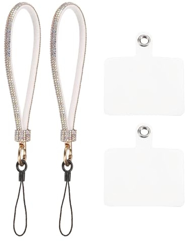 QUARKZMAN 2pz Laccio Telefono Universale Cinturino Polso Staccabile Scintillio e Patch Telefono Lussuoso Cordoncino Strass per Fai da Te Auricolari Portachiavi Portamonete Portafoglio Bianco