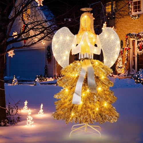 GYMAX 157 cm Beleuchteter Weihnachtsengel, Weihnachtsfigur mit 150 warmweißen LED-Lichtern, Weihnachtsdekoration in Weihnachtsbaum-Optik, Weihnachtsdeko für innen & außen