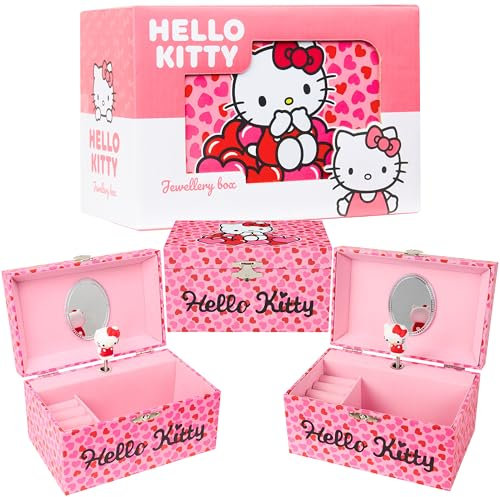 Hello Kitty Sanrio Boîte à Bijoux Musicale Fille et Ado, Coffret Fille Kawaii, Miroir et Tiroirs Rangement Bijoux, Décoration Chambre, Idée Cadeau (Rose Hello Kitty)