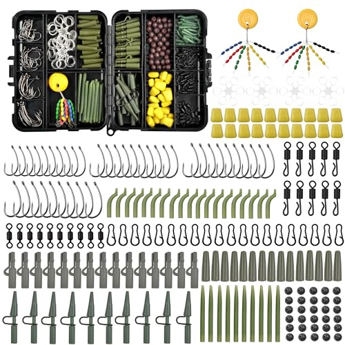 216stk Karpfen Angelzubehör Set Karpfenangeln Vorfächer Kit inkl. Karpfenhaken Wirbel Snaps Sleeves Line Aligne Angelperlen Hühneraugen für Karpfenangeln Köderherstellung Angelzubehör Angelkoffer Kit