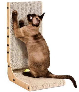 EHEYCIGA Kratzbrett Katze, 48 cm Hohe L Förmige Kratzpappe für Katzen, Hochdichtes Verschleißfestes Kratzmöbel mit Katzenspielzeug, Katzenkratzbrett für Wand und Ecke