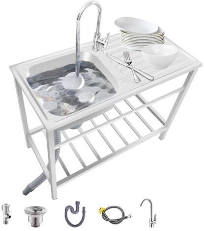 AutmDizyne Professionnel Extérieur Évier De Jardin Volume élevé Evier De Cuisine Autoportant en Acier INOX 1 Bac Facile à Nettoyer Évier sur Pieds avec Robinet pour Restaurant Garage Ferme Atelier
