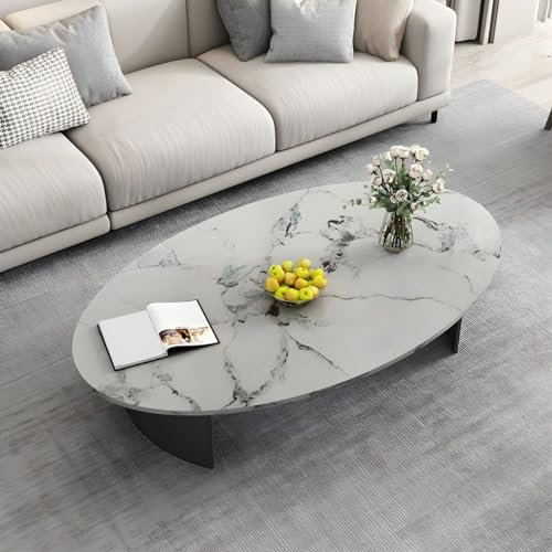 Generisch (, Mid-Century Modern Oval Stone Tabletop SideTable mit Doppelsäule aus Metall für Wohnzimmer-Mitte - Jadeit 55 L x 27,5 B x 18 H)