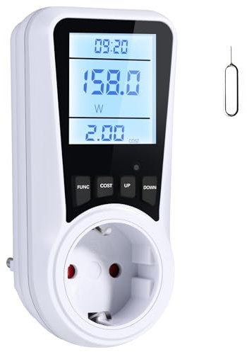 Vinabo Misuratore Consumo Elettrico con LCD, Contatore Energia Elettrica 16A/3680W, 7 Modalità Monitoraggio, Protezione Sovraccarico, Presa Consumo Energia