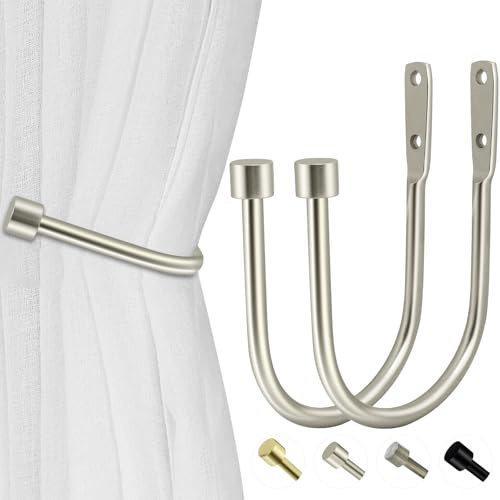 HIKMLK Minimalist Curtain Holdbacks 2pcs, 100% Cast Iron Solid Heavy Duty Metal Curtain Tieback Hooks Side Holders for Wall, Curtain Pull Backs for Drapes Window Home Decoration（Satin Nickel ）