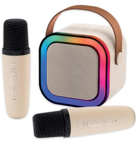 Global Gizmos 54950 Mini Karaoke Machine with 2 Wireless Microphones/Wireless Portable Bluetooth Speaker/Multi-Coloured LED Lights