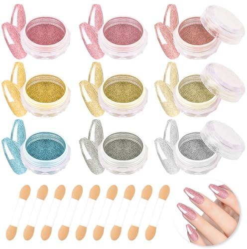 Furuising 9 Colors Chrome Nail Powder Set, Glitter Metallic Mirror Effect, Nail Chrome Powders Kit with 9 Sponge Sticks for Fingernail Art Design Decoration (Gold, Silver, Pink, Blue, Orange )