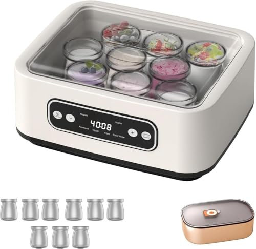 Mixtric Máquina para Hacer Yogur Probiótico con 9 Frascos De Vidrio Yogurtera Control De Tiempo Y Temperatura Ajustables Fermentación De Yogur Y Vino De Arroz para Queso, Fruta Y Vino,Blanca,1600ML