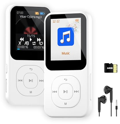 64GB MP3-Player mit Bluetooth 5.3, Tragbarer Musikplayer mit Lautsprecher, FM-Radio, Sprachrekorder, HiFi, Langer Akkulaufzeit, Schneller Übertragung, Timer-Funktion, Erweiterbar bis 256GB (Weiß)