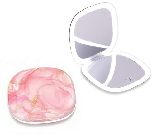 Mocado Taschenspiegel mit Licht, 1/10 Fach Vergrößerungsspiegel 10cm, Beidseitig Reisespiegel mit 3 Farbenverstellbare Leuchten, Wiederaufladbar & Touchscreen, Kleiner Spiegel(Rosa Marmor)