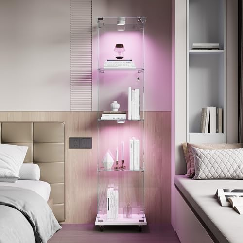 HYTKKBD Vitrine aus Glas, Vitrine, freistehende transparente Vitrine, 4 Regale mit 1 Tür und Schloss, mit abschließbaren Rollen, für Wohnzimmer, Schlafzimmer, Büro, Weiß