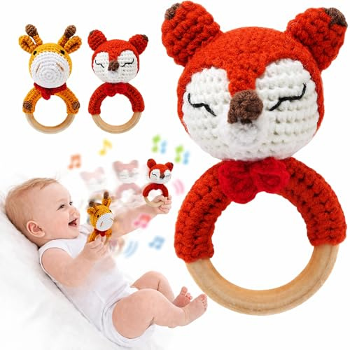 Joylife Hochet en bois pour bébé, hochet au crochet fait à la main avec anneau de dentition en bois, jouet nouveau-né, jouet en peluche, hochet bio pour annonce de bébé, accessoires d'annonce de bébé