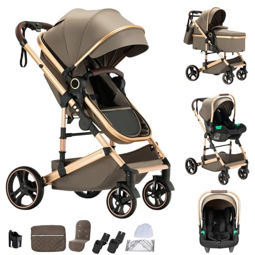 Mobayta Kinderwagen 3 in 1 Kinderwagenset bis 22 kg mit höhenverstellbarem Griff mit Aluminiumrahmen für Neugeborene 0-4 Jahre (Brown-H9, H9)
