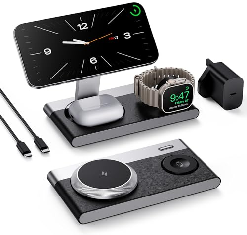 Mukiya 3 in 1 Magnetic Wireless Charger Station, Fast Charging Stand with Night Light and Advanced Heat Dissipation, Foldable Charging Dock, Compatible with iPhone 17/16/15/14, Apple Watch & AirPods