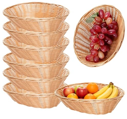 Nimblyne Lot de 8 corbeilles à pain en plastique tressé : 23 x 16 x 6 cm Corbeilles à pain empilables tressées lavables en osier ovale pour servir des pâtisseries, des fruits, du pain et des