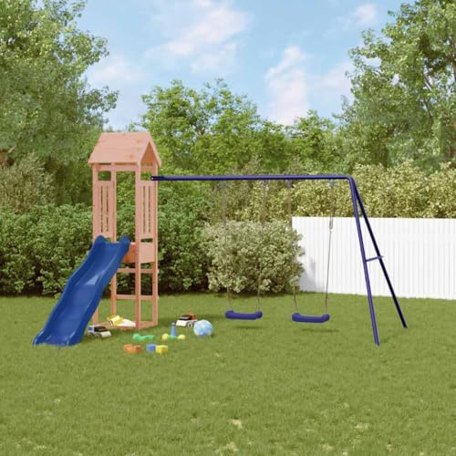 mzdioop Torre de juegos de madera maciza Douglas con tobogán ondulado y columpio doble, juguete de jardín para niños, casa de juegos al aire libre con caja de arena, marco de madera segura para jardín