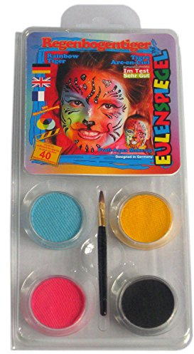 Eulenspiegel 204566 - Motiv-Set Regenbogentiger, 4 Farben, 1 Pinsel, 1 Anleitung, für ca. 40 Masken, Schminkfarben, Karneval, Mottoparty | Mit Pinsel & Anleitung, Schminkfarben für ca. 40 Masken, für Karneval & Mottopartys