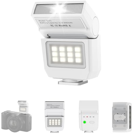 ULANZI SL03 Mini Camera Flash with Video Light, GN8 6500K Camera Speedlite Flash Units, 90° Adjustable, 4 Power Levels (1/8~1/1), Universal Single Contact Hot Shoe for Sony/Canon/Fuji DSLR, White