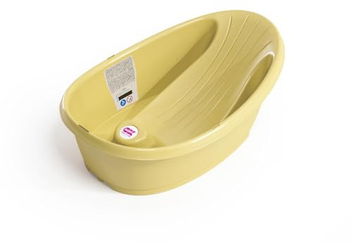 OKBABY Bañera Onda Baby - Base antideslizante, con termómetro incorporado - Soporte trasero en ángulo - por interior de la bañera o la ducha - Amarillo