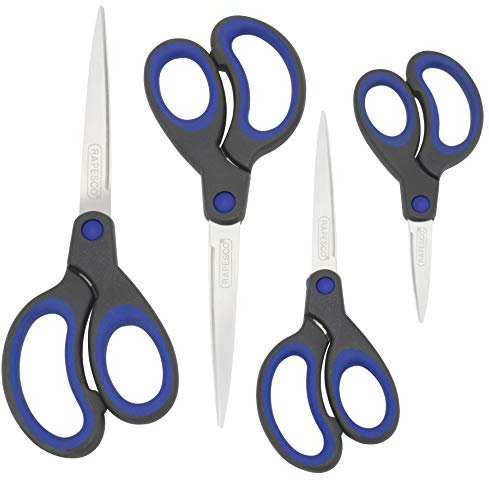 Rapesco 1578 Soft Grip Handle Scissors, Black/Blue, Set of 4