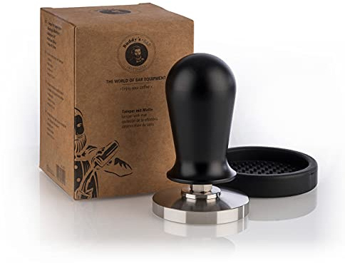 Buddy´s Bar - Barista Edition, premium tamper, kaffetätare Ø 58 mm bas, H: 10 cm, rostfritt stål, espressomämpel för 58 mm portagare, kaffeampare med silikonmatta, svart handtag