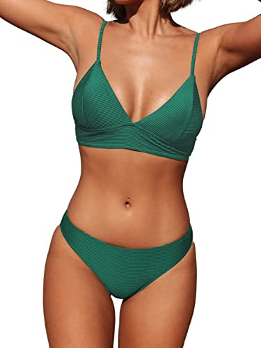 CUPSHE Damen Bikini Set Triangel Bikini Bademode Low Rise Brazilian Gerippter Zweiteiliger Badeanzug Swimsuit Grasgrün S