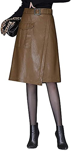Lazutom Jupe mi-longue vintage en similicuir pour femme, marron, 44