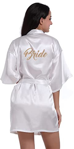 Prohonbec Damen Satin Kimono Braut Badmantel mit Goldenem Glitzer, Gürtel für Hochzeit Party, Brauttag Morgenmantel