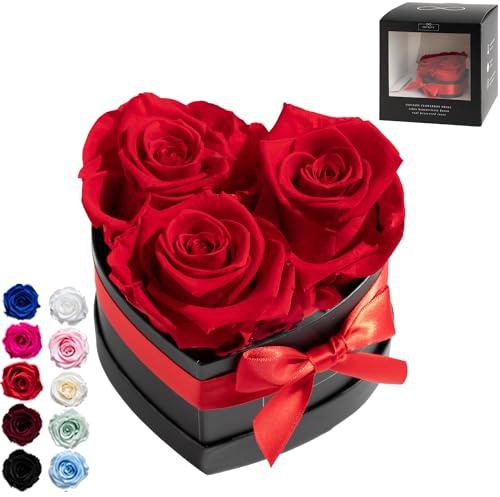 Infinity Flowerbox Small Herz - 3 echte Premiumrosen in Rot - 3 Jahre haltbar ohne gießen | In Geschenkverpackung mit Satinschleife, 6-BB-VR