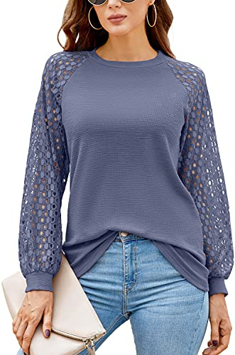 DEARCASE Camicia Donna a Manica Lunghe Top Casual Magliette Donna Camicia Eleganti Scollo a V Pizzo Manica Bluse T Shirt Tops, Azzurro L
