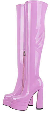 Only maker Stivali sopra il ginocchio da donna con plateau e tacco a blocco, elasticizzati, effetto laccato, rosa, 43 EU