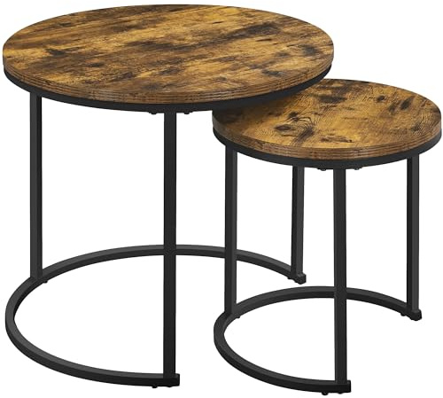 Yaheetech Round Nesting Table Set of 2 Metal Frame Rustic Brown | Use Together or Separately, Water- & Scratch-Resistant Tops, Powder-Coated Iron Frames, 40 kg Total Capacity