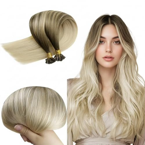 RUNATURE Echthaar Bonding Extensions Balayage Blond 50cm Lang Extensions 1g 50 Strähne Haarverlängerung Echthaar Bondings Ombre #BA8/60