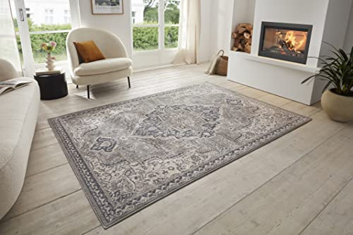 Hanse Home Orken Teppich Orientalisch –Kurzflor Vintage Wohnzimmerteppich Weicher Orient-Teppich ÖKO-TEX Läufer für Schlafzimmer, Esszimmer, Wohnzimmer, Flur, Küche – Grau Creme, 240x340cm