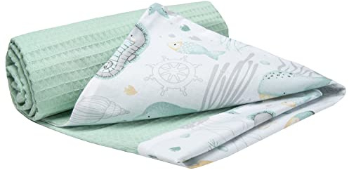 Medi Partners Manta para Bebe Mantas Recien Nacido Mantita Bebes 100% Algodon - 75x100cm Bilateral Blanket Verano Bebés Universal Confortable (Océano con Menta Gofre)