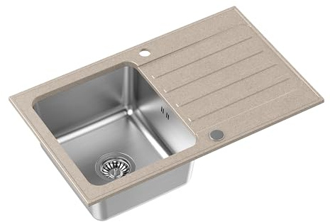 QUADRON Fregadero Beige | tamaño 78 x 48 cm | fregadero de acero inoxidable KENNETH 111 Fregadero de cocina de un seno | granito y acero inoxidable | con sifón y tapón de rosca | con escurridor