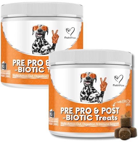 NutriPaw Pre & Probiotic Treats For Dogs - Gut & Digestive Health, Sensitive Tums, Anal Glands & Bum Scooting, Loose Stools, Waxy, Smelly & Itchy Ears, Digestive Enzymes - Twin Value Pack