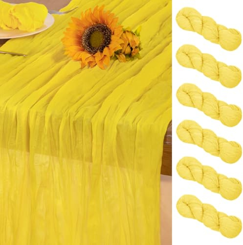 DeZerlor Runner da tavola in garza color giallo limone, confezione da 6 runner da tavola in garza bohémien da 300 cm, decorazione per la tavola autunnale per il Ringraziamento, matrimoni, baby shower