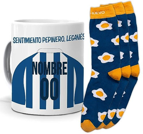 mundohuevo Regalo Original Equipo de Futbol. Taza (Personalizada) y Trio de Calcetines. Leganes. Personaliza la Taza con el Nombre y Numero Que Quieras