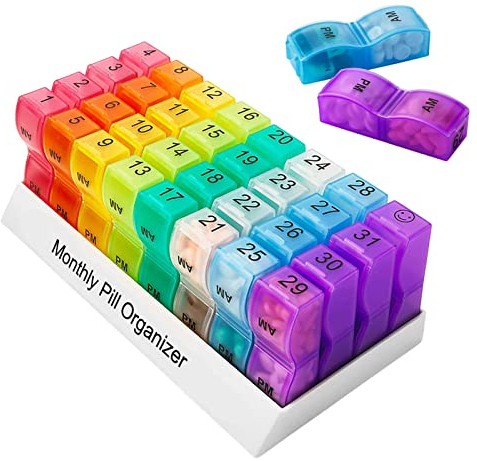Monatlicher Pillenbox-Organisator 2 Mal pro Tag Am Pm Medikamentenbox mit 32 Fächern 31 Day Pill Organizer für Pillen Vitamine Medikamente Tabletten