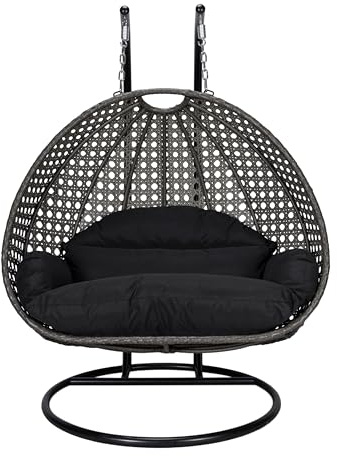 LeisureMod 2 Person Wicker Hanging Egg Chair with Stand & UV-Resistant Cushions for Indoor/Outdoor, Patio, Lounge, Hammock Seat, Black