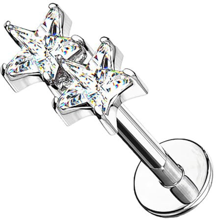 Taffstyle Piercing Stab Stecker Ohrpiercing Cartilage Ohr Tragus Helix Stud Lippe Labret Lippenpiercing Knorpel Barbell Ohrring Platte Glitzer Strass Doppel Sterne Kristall Silber Clear 8mm