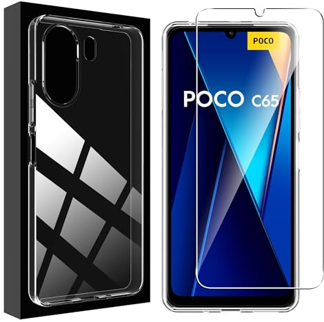 Lemxiee Funda para Xiaomi Poco C65/Redmi 13C Cover +[1 Pieza] Vidrio Templado para Xiaomi Poco C65/Redmi 13C Protector Pantalla,Resistente a los arañazos Funda de TPU Blanda