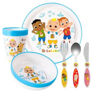 Cocomelon Kids 6 Piece Reusable Dinner Set - Cup, Bowl, Plate & Cutlery | Lightweight & Kid-Friendly Dinnerware Set Includes Knife, Fork & Spoon, Toddler Plastic Tableware Set | Easy to Hold Design