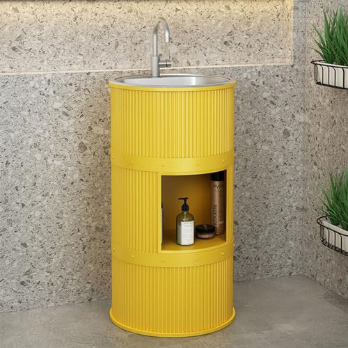 Lavandino a Colonna Moderno in Ferro Battuto, Mobile da Bagno con Lavabo in Acciaio Inox, Lavandino su Piedistallo Freestanding Set con Rubinetto e Scarico (con contenitore,Giallo)
