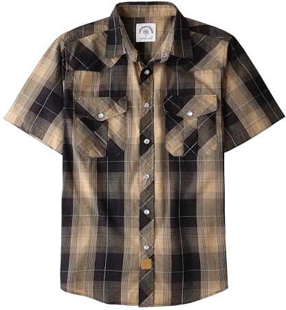 Dubinik® Western Shirts for Men Short Sleeve Plaid Pearl Snap Shirts for Men Button Up Shirt Cowboy Casual Work Shirt Brown Khaki