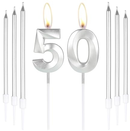 Silber 50. Geburtstag Kuchen Kerzen Zahl 50 Kerzen mit 6 Stück langen Kerzen, Partykerzen für Kuchen, Silberkerzen Kuchendekorationen für Jungen, Mädchen, Männer, Frauen, 50. Geburtstag Dekorationen